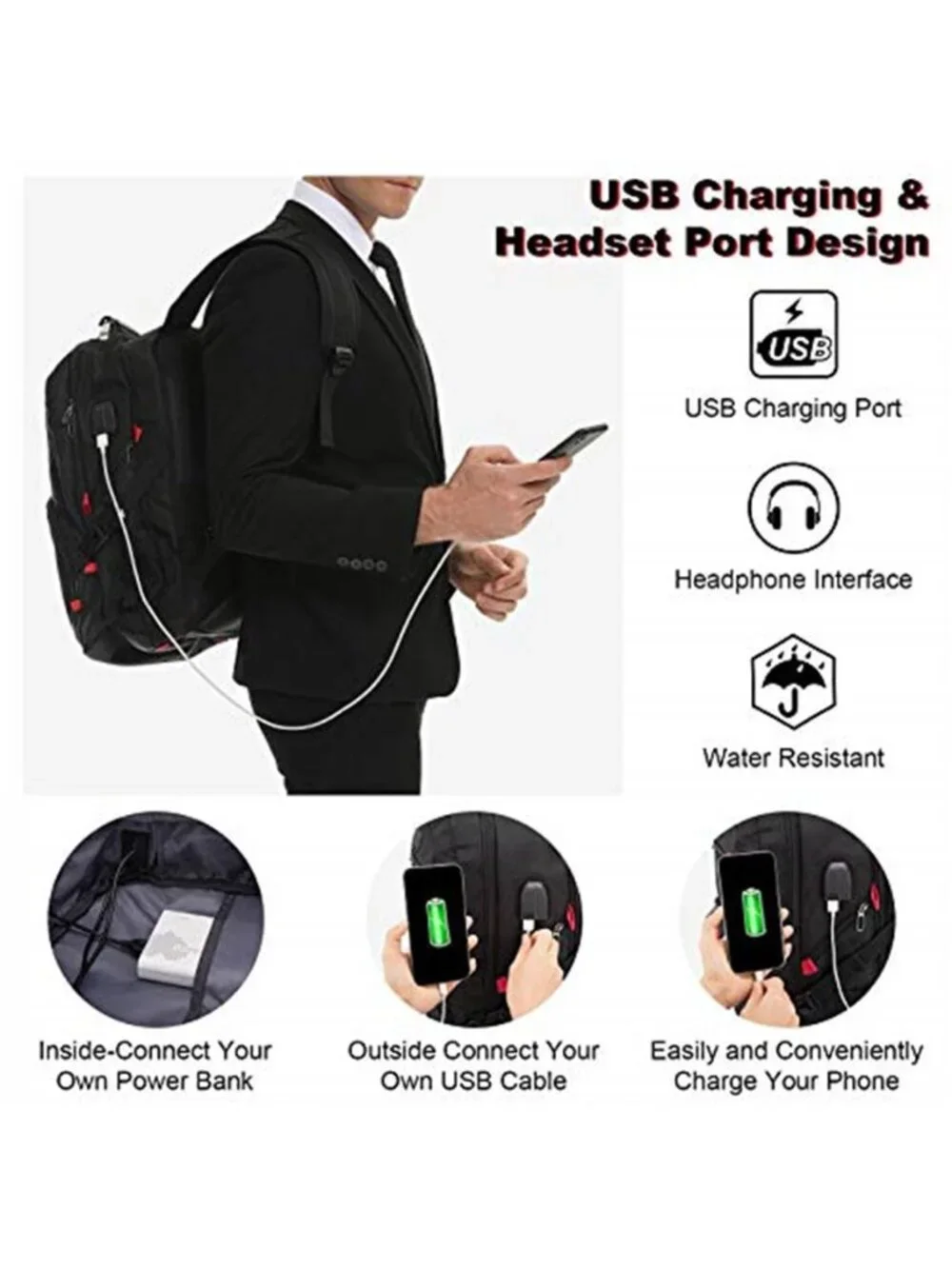 17 Inch Laptop Backpack Waterproof USB Charging Anti Theft Travel Black 35L